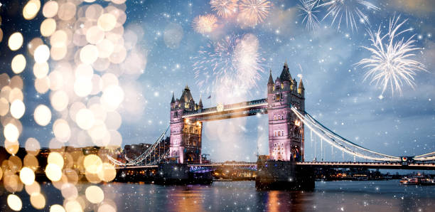 tower bridge with fireworks  celebration of the New Year in London  UK stock photo