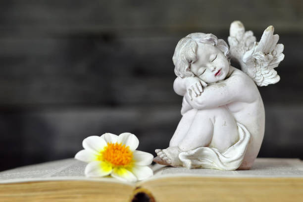 istock Angel and dahlia flower on open book 1179666436