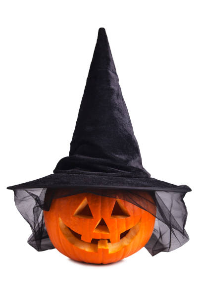 istock Halloween pumpkin with witches hat isolated on white background 1179666557