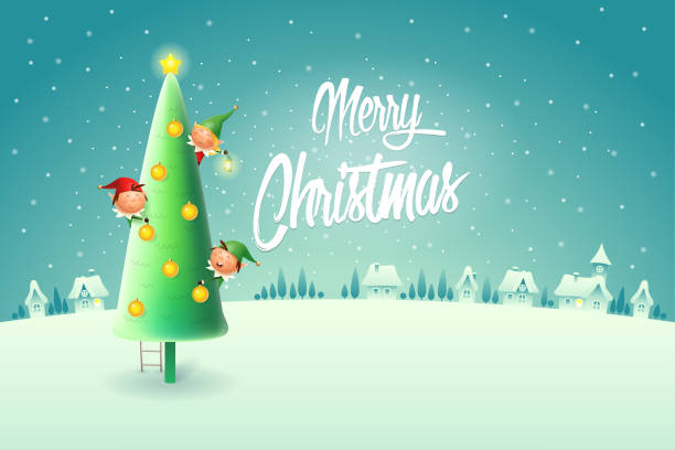 크리스마스 트리를 장식 하는 엘프 - 메리 크리스마스 인사말 카드 - 겨울 밤 장면 벡터 일러스트 - santa claus elf christmas holiday stock illustrations