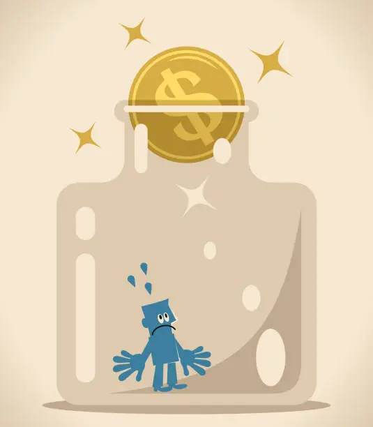 Vector illustration of Businessman in confined space glass bottle with dollar sign coin as a cork (airtight container)