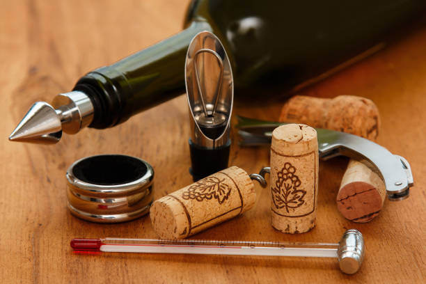 different wine tools and corks - wine bottle wine wood bottle stopper imagens e fotografias de stock