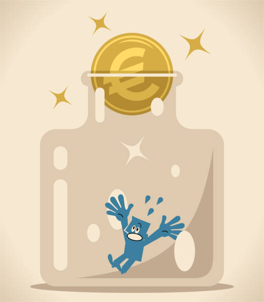 ilustraciones, imágenes clip art, dibujos animados e iconos de stock de empresario en botella de vidrio de espacio confinado con moneda de signo euro como corcho (contenedor hermético) - jar coin currency airtight