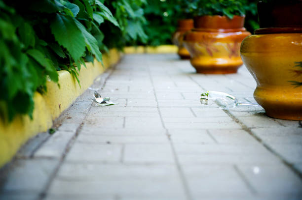 A broken champagne glass lies on the sidewalk in summer day