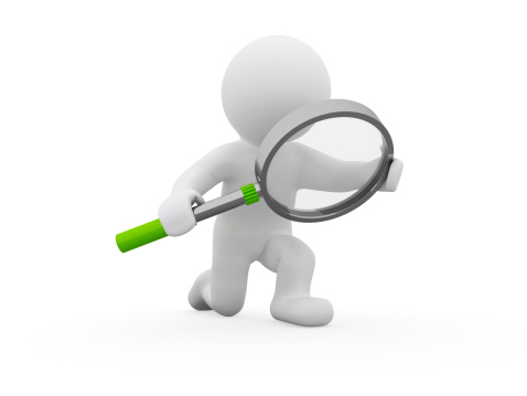 3D character doing research with magnifying glass. Isolated on white background with soft shadows. XXXL 3D rendered image.