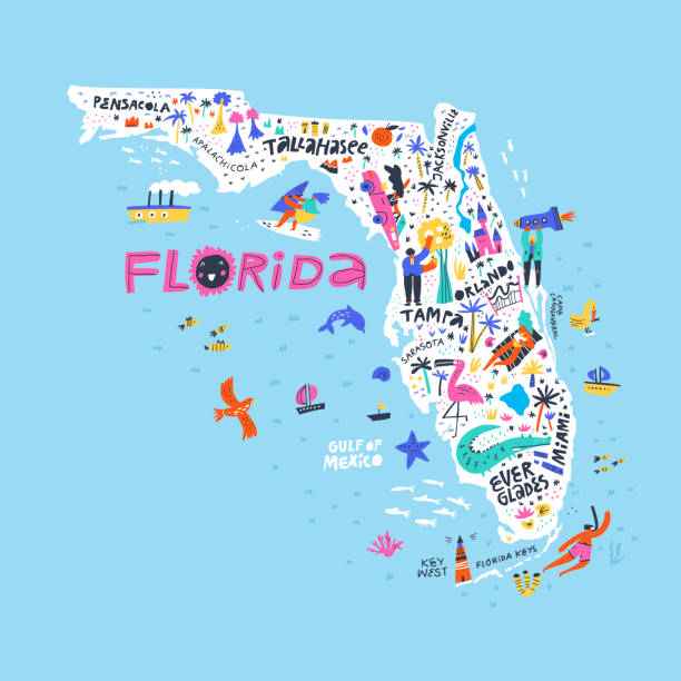플로리다 주 색상 맵 플랫 벡터 일러스트레이션입니다. 미국 도시 이름 필기 문자입니다. 미국 관광 명소, 인프라, 엔터테인먼트. 해변 만화 캐릭터에 사람들 - florida stock illustrations