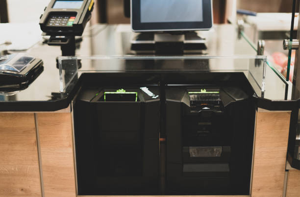 Self-checkout counter in a supermarket. Modern technology in trade. Electronic cashier. Self-checkout counter in a supermarket. Modern technology in trade. Electronic cashier self checkout photos stock pictures, royalty-free photos & images