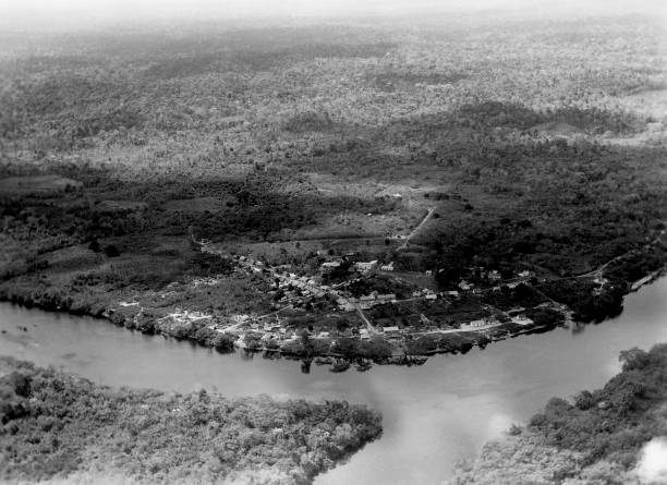 Vintage Horizontal Black And White Aerial Photograph Of A Village By A River In Venezuela Circa 1933