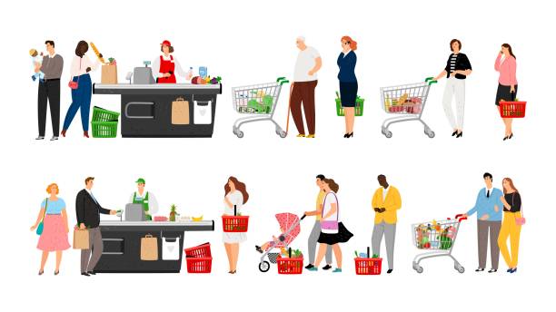 Grocery shopping queue Grocery shopping queue. Shop queues people, cartoon retail store customers in long line and cashier staff, vector illustration retail clerk illustrations stock illustrations