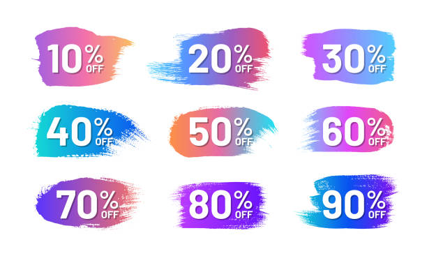 Retail labels set in shape of paintbrush stroke Colorful retail labels set in shape of paintbrush stroke. From 10 to 90 percent off stickers. Flat gradient design isolated on white background. Commercial advertisement and promotion campaign. 40 off stock illustrations