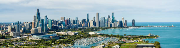 Panoramic View of Chicago Cityscape in Fall Panoramic View of Chicago Cityscape in Autumn 2019 - Aerial View grant park stock pictures, royalty-free photos & images