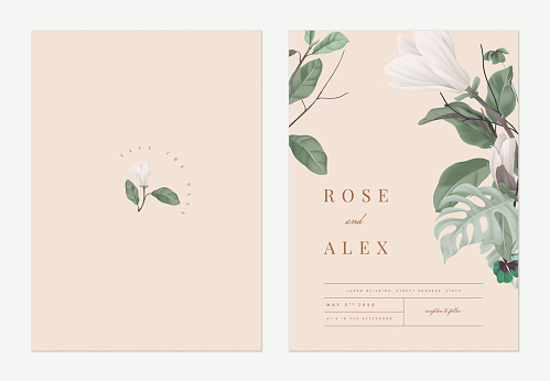Floral wedding invitation card template design, Anise magnolia flowers with leaves on light orange, pastel vintage theme