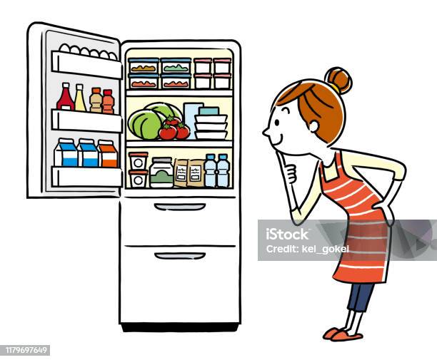 Illustration Material Housewife And Refrigerator Stock Illustration - Download Image Now - Refrigerator, Illustration, Food