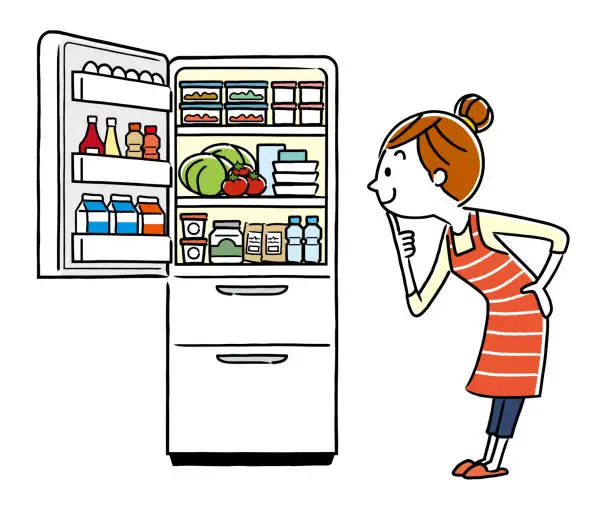 Vector illustration of Illustration material: housewife and refrigerator