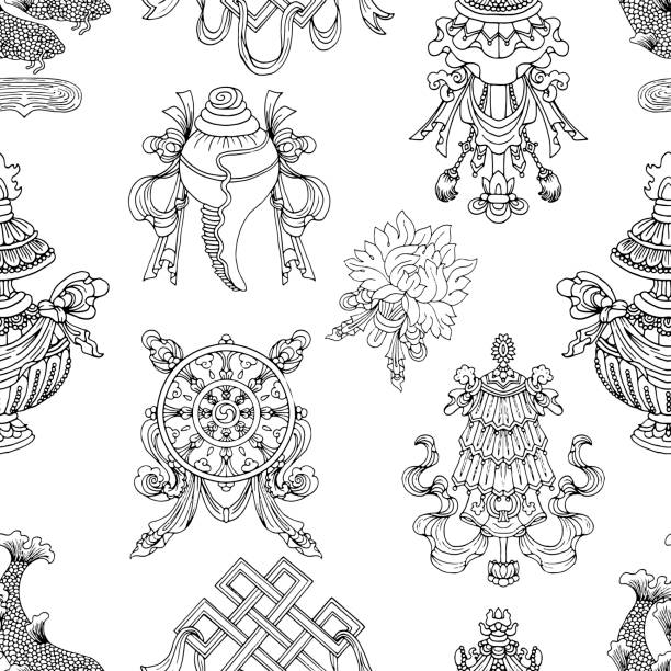 Seamless pattern with black and white eight auspicious symbols of Buddhism. Seamless pattern with black and white eight auspicious symbols of Buddhism. Religious hand drawn vector illustration, buddhist background dharma chakra stock illustrations