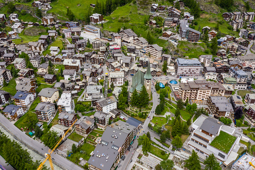 Aerial view of beautiful Zermatt villages and houses in summer