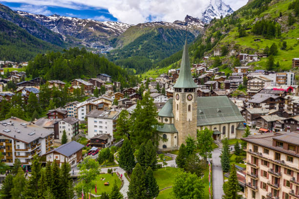 Spectacular landscape of Zermatt valley and Matterhorn peak, Switzerland stock photo