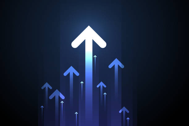 Up light arrows and speed lines on dark blue background. Up light arrows and speed lines on dark blue background, copy space composition, growth competition technology concept. arrows pointing up stock illustrations