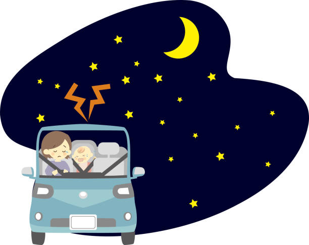 Baby crying at night and mother in trouble A baby crying at night and a mother who is in trouble woman driving car night stock illustrations
