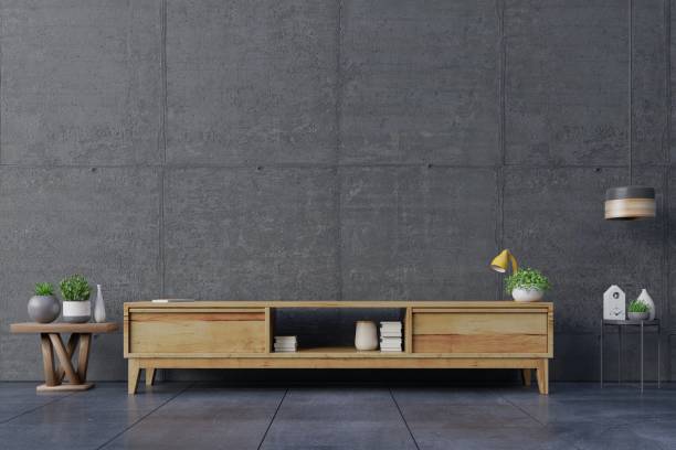 istock Tv cabinet in modern empty room,concrete wall. 1179714432