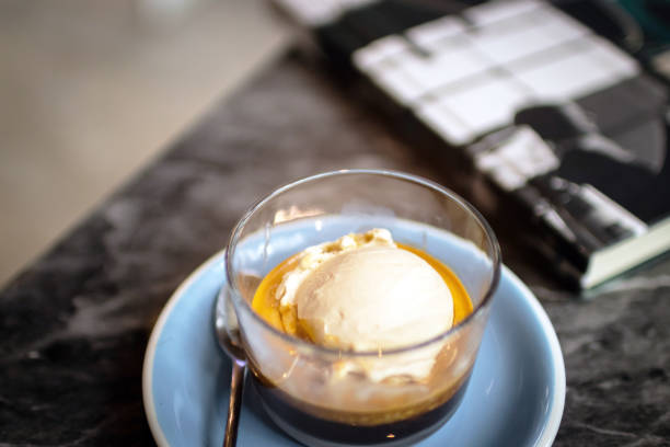 istock Affogato coffee: espresso shot with salted caramel icecream. 1179715047