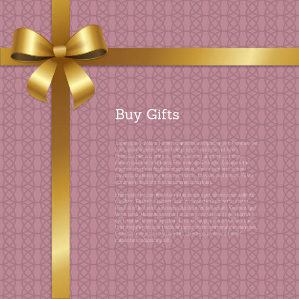 Buy Gifts Certificate Greeting Card Design Vector Buy gifts certificate or greeting card design with crossed ribbons with golden bow in left corner of vector with text isolated on abstract purple bow hair bow ribbon gold stock illustrations