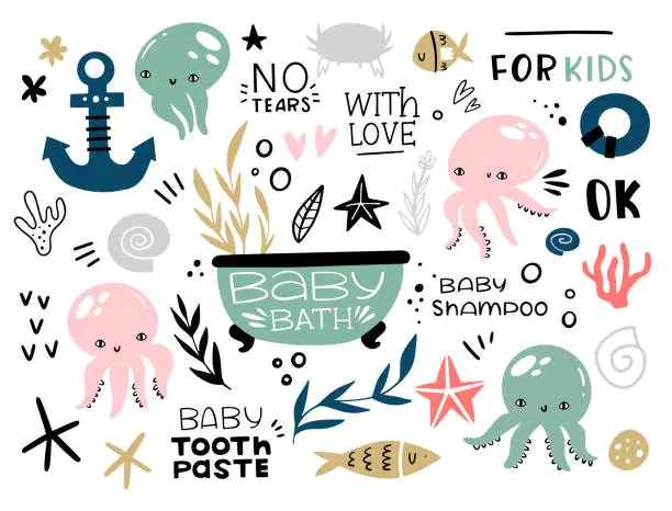 Vector illustration of Big marine vector set of graphic elements for children's design. Doodle style, hand drawn. Marine animals and plants, children's bathroom, anchor, set of inscriptions.