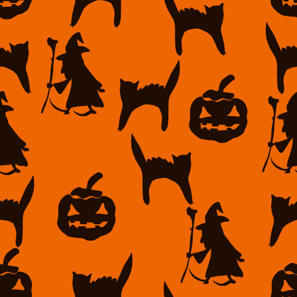 halloween nahtlose vektor-hintergrund. schwarze silhouette von hexen, fledermäuse, spinnen, kürbisse - halloween witchs hat witch autumn stock-grafiken, -clipart, -cartoons und -symbole