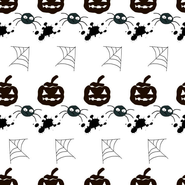 halloween nahtlose vektor-hintergrund. schwarze silhouette von hexen, fledermäuse, spinnen, kürbisse - witchs hat stock-grafiken, -clipart, -cartoons und -symbole