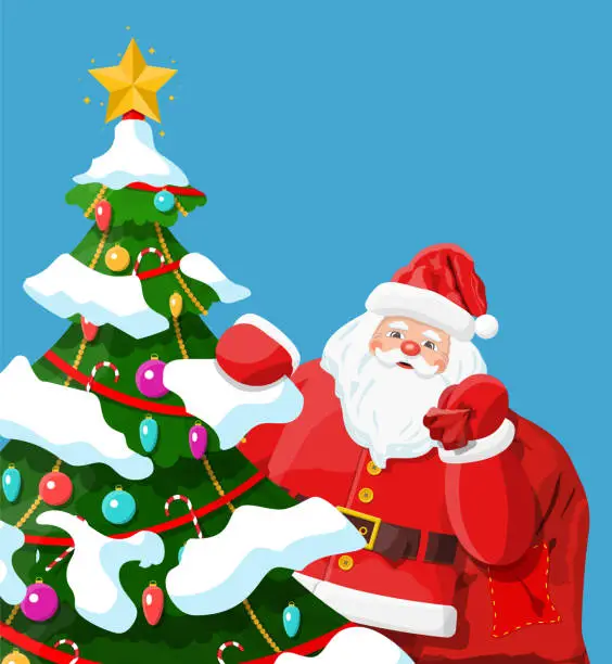 Vector illustration of Funny santa claus character and christmas tree