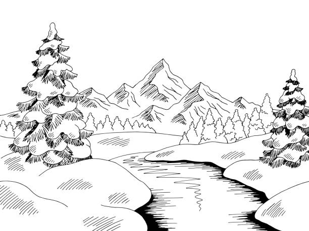 ilustrações de stock, clip art, desenhos animados e ícones de winter river landscape graphic black white sketch illustration vector - russia river landscape mountain range