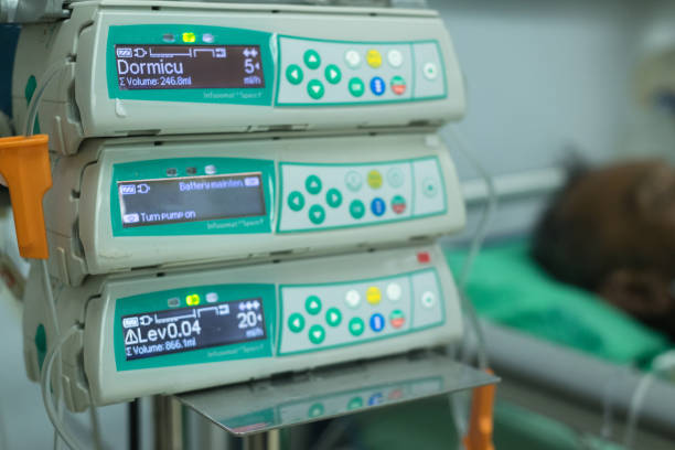 Infusion pump intravenous IV drip in the hospital. stock photo