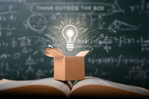 think outside the box on school green blackboard . startup  education concept. creative idea. leadership. stock photo