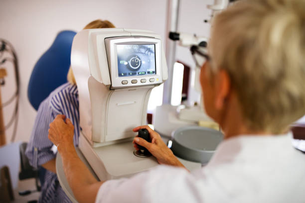 istock Ophthalmology eyesight diagnostic concept. Modern eye test machine equipment in clinic 1179731009