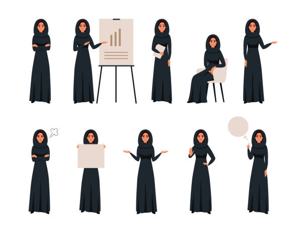 ilustraciones, imágenes clip art, dibujos animados e iconos de stock de conjunto de mujeres árabes de negocios creativas exitosas en diferentes posturas - middle eastern ethnicity teenage girls women sadness