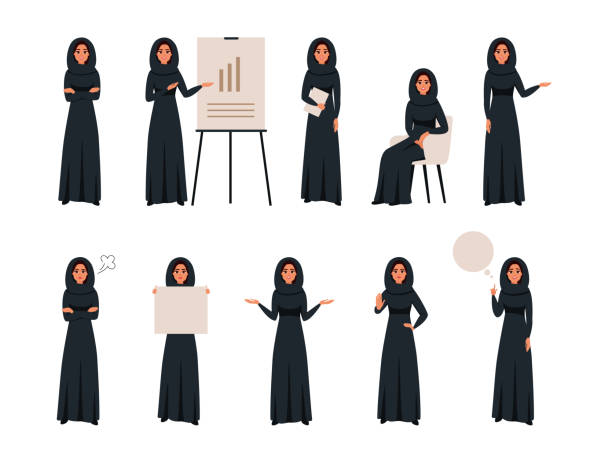 illustrations, cliparts, dessins animés et icônes de ensemble de femmes d'affaires créatives réussies arabes dans différentes poses - middle eastern ethnicity teenage girls women sadness