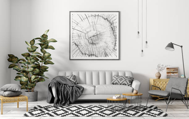Interior of modern living room with grey sofa 3d rendering