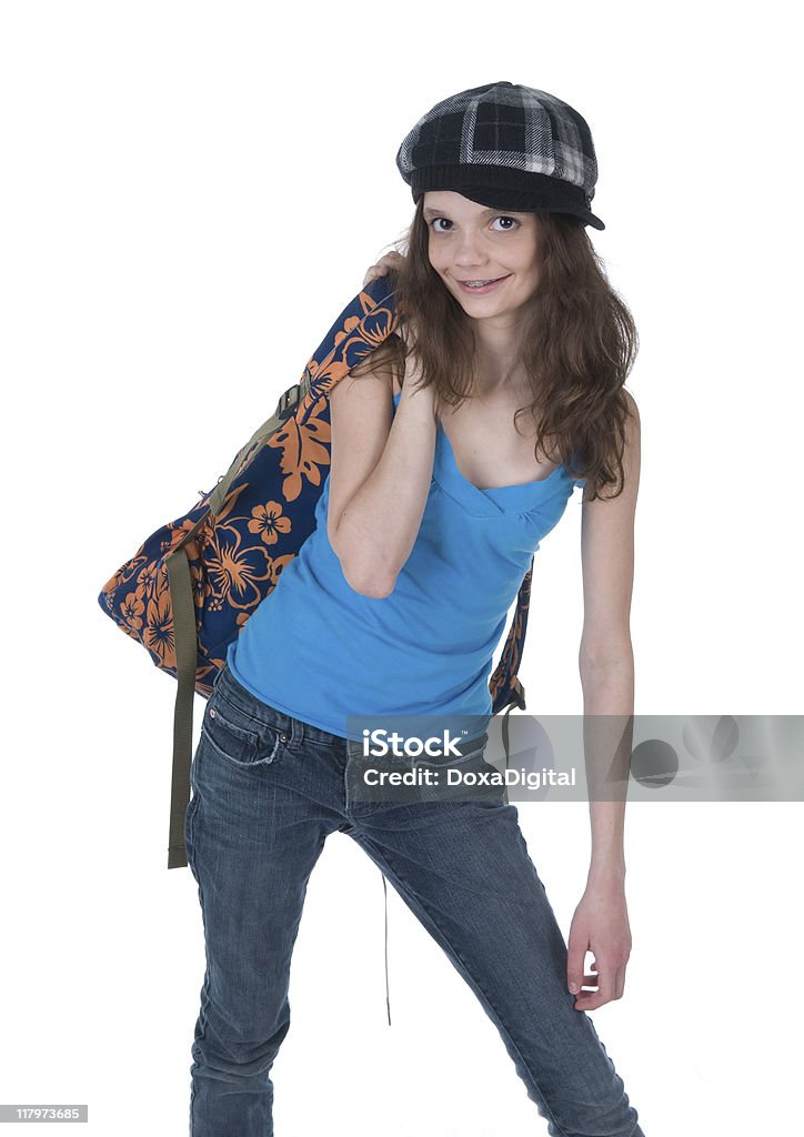 Ready for School Young teenager with bookbag isolated on white. 12-13 Years Stock Photo