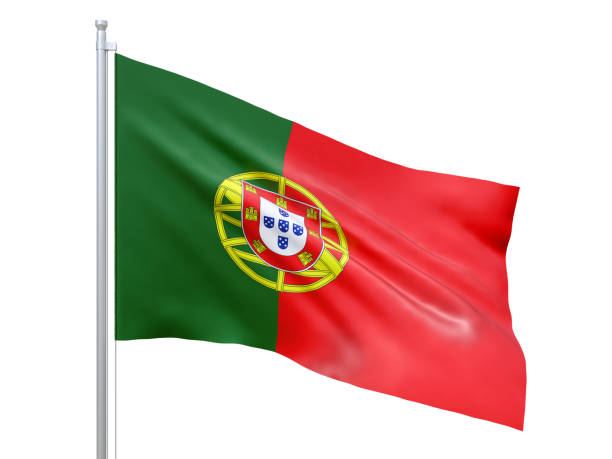 istock Portugal flag waving on white background, close up, isolated. 3D render 1179737185