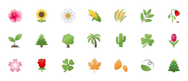 동물 상, 자연, 꽃 아이콘 벡터 세트입니다. 나무, 꽃, 나뭇잎 일러스트 플랫 스타일 만화 기호, 이모티콘, 이모티콘 컬렉션 - leaf tree maple leaf green stock illustrations