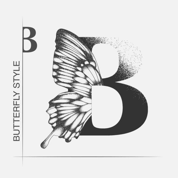 Letter B with butterfly silhouette. Monarch wing butterfly logo template isolated on white background. Calligraphic hand drawn lettering design. Alphabet concept. Monogram vector illustration Letter B with butterfly silhouette. Monarch wing butterfly logo template isolated on white background. Calligraphic hand drawn lettering design. Alphabet concept. Monogram vector illustration. EPS 10 fancy letter b drawing stock illustrations