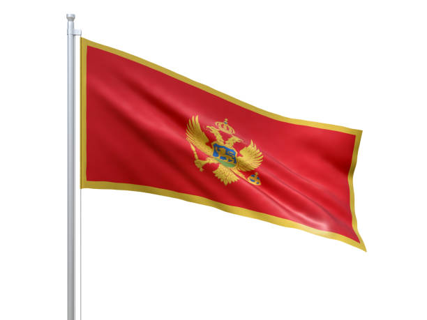 istock Montenegro flag waving on white background, close up, isolated. 3D render 1179737584