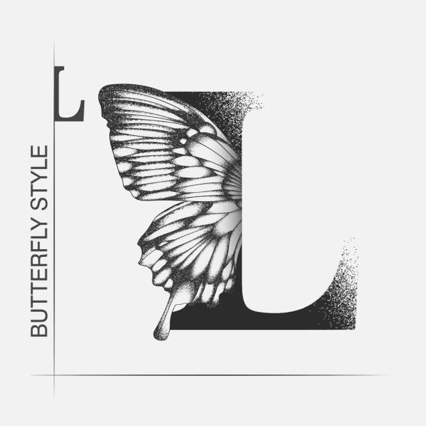 буква l с силуэтом бабочки. монарх крыло бабочка логотип шаблон изолированы на белом фоне. каллиграфический ручной дизайн надписей. концепц - pencil drawing alphabet capital letter text stock illustrations