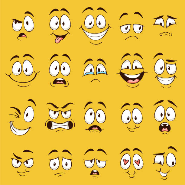 만화 얼굴. 재미있는 얼굴 표정, 캐리커처 감정. 다른 표정눈과 입, 벡터 컬렉션의 귀여운 캐릭터 - smirking stock illustrations