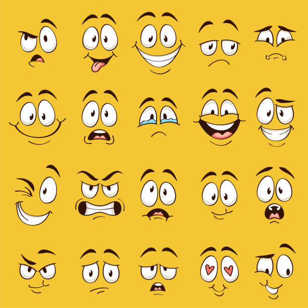 kreskówkowe twarze. zabawne wyrażenia twarzy, karykatura emocji. ładny charakter z różnymi wyrazistymi oczami i ustami, kolekcja wektorowa - smirking stock illustrations