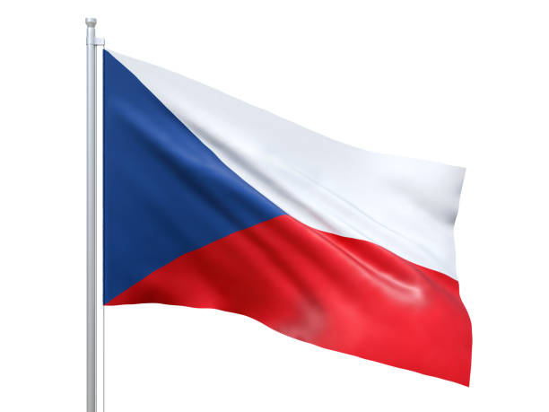 tschechische republik flagge winkend auf weißem hintergrund, aus nächster nähe, isoliert. 3d-rendern - tschechische flagge stock-fotos und bilder