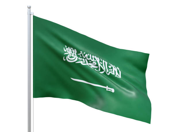 istock Saudi Arabia flag waving on white background, close up, isolated. 3D render 1179738556