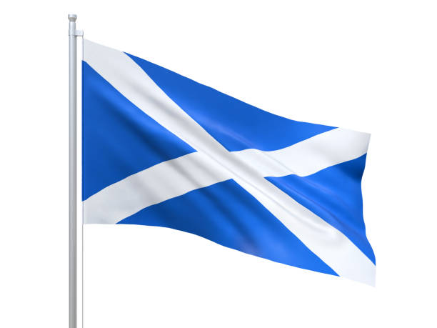 Scotland flag waving on white background, close up, isolated. 3D render Realistic national flag with high resolution fabric texture scottish flag stock pictures, royalty-free photos & images