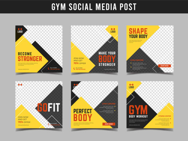 ilustraciones, imágenes clip art, dibujos animados e iconos de stock de plantilla de banner cuadrado de gimnasio. banner promocional para la publicación de las redes sociales, banner web y folleto vol.17 - gym yellow muscular build dumbbell