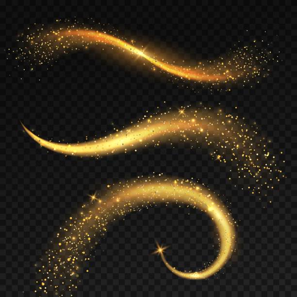 золотые светлые хвосты. волшебн�ая сказочная звездная пыль с желтыми блестками, рождественский блестящий звездный свет. блестящие кометы и  - fairy stock illustrations